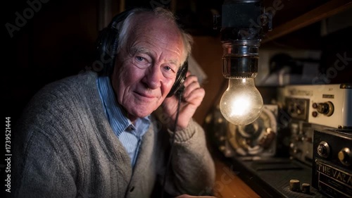 A charming elderly man with headphones listens to a vintage ham radio in a dimly lit room, smiling at the camera, a concept for nostalgia, communication technology and hobbies
