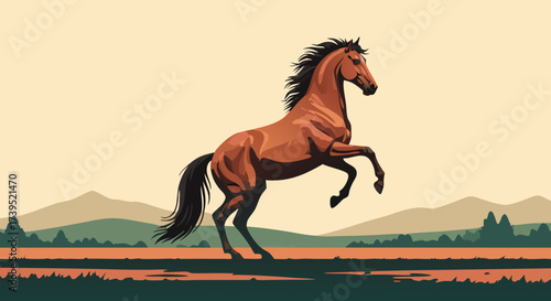 Dynamic Horse in MidAir Brown and White Black Mane Vector Illustration.