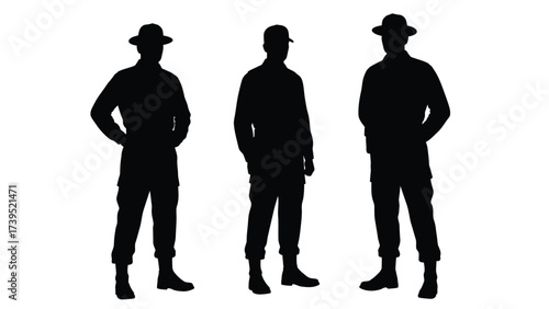 Three Male Silhouettes: Standing Men with Hats and Cap on White Background