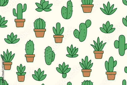 Green Cactus and Succulent Plants in Brown Pots Pattern.