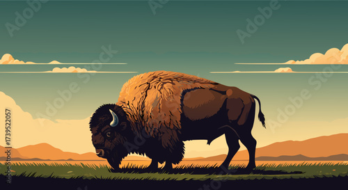 Majestic Bison Silhouette with Shaggy Fur and Horns Grazing.