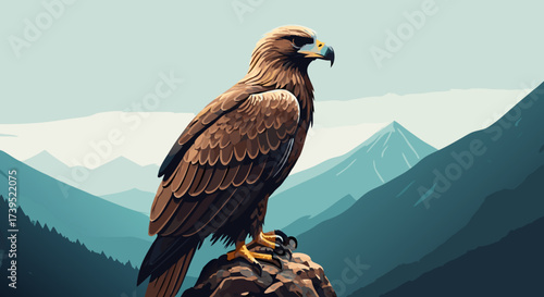 Majestic Eagle Perched on Rock Brown Feathers Vector Illustration.