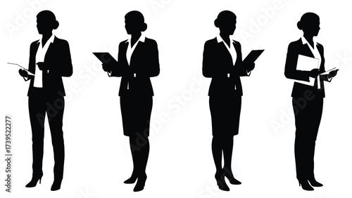 Professional Business Women Silhouettes Holding Documents And Digital Tablets