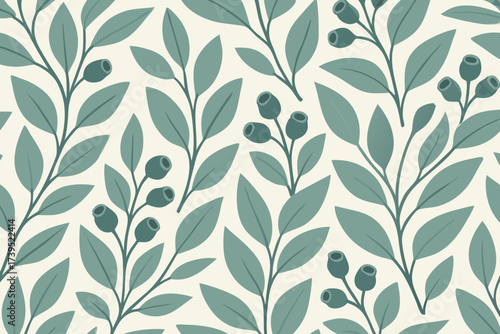 Repeating Pattern of Stylized Leaves and Berries in Teal.