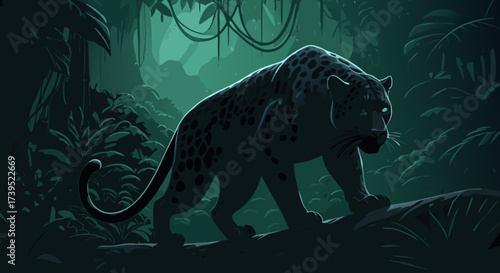 Stylized Black Panther Walking Through Lush Dark Jungle Environment.