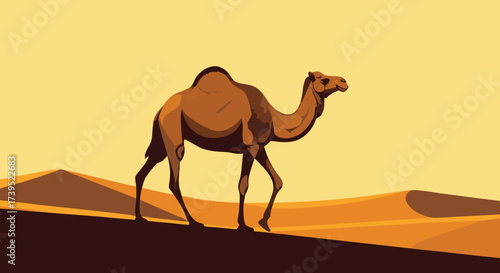 Stylized Brown Camel Walking Across Desert Landscape Illustration.