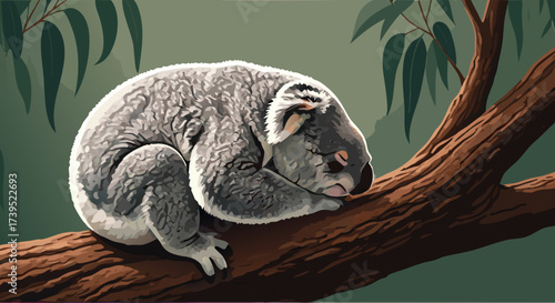 Sleeping Koala Bear Resting on a Brown Tree Branch Vector Illustration.