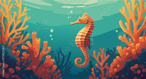 Stylized Orange Seahorse with Striped Body in Underwater Illustration.