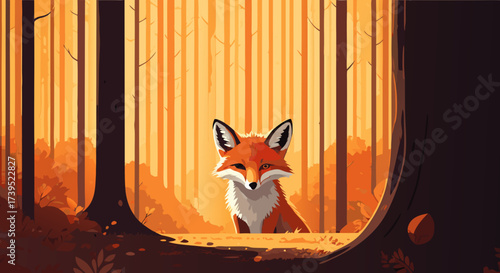 Stylized Orange Fox Sitting in Forest Vector Illustration.