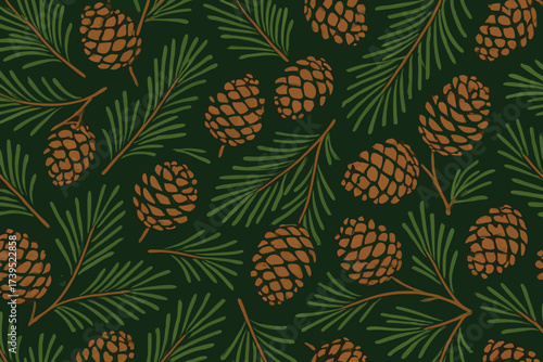 Stylized Pine Cones and Needles Pattern on Dark Green Background.
