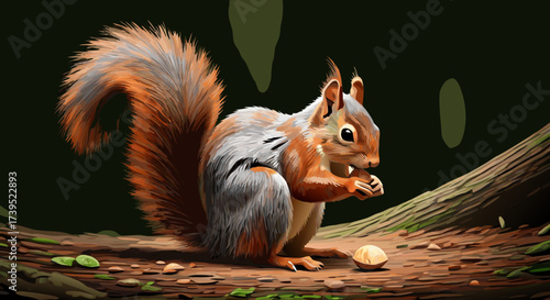 Stylized Squirrel with Red Eyes and Nut Eating on Branch.