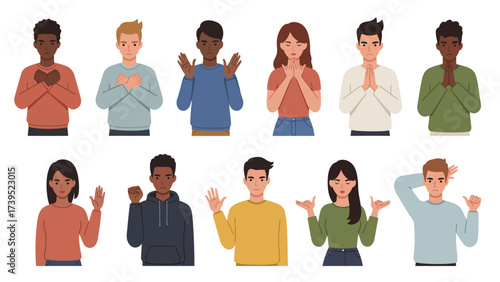 Collection Of Diverse People Expressing Feelings With Hand Gestures