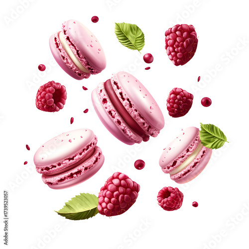 Elegant Raspberry and Macarons in Mid-Air, Isolated on White Background