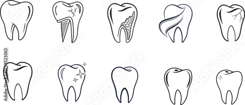Set of tooth icons showing anatomy, root canal, cracks, cavities, and shiny healthy teeth. Vector collection for dental clinics, medical education, and oral care graphics. Ideal for dentistry material