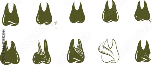 Collection of molar tooth root icons showing dental health, cracks, decay, and root canal illustrations. Vector set for clinics, education, and oral care materials. Perfect for dentistry projects, 
