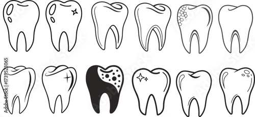 Collection of outlined tooth icons with cavities, cracks, shine, and oral health conditions. Dental vector illustration set for clinics, hygiene posters, and medical design. Perfect for dentistry 
