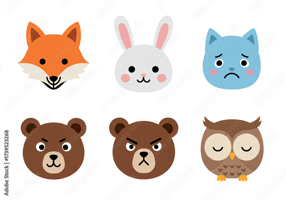 Fototapeta premium Charming collection of cartoon animal faces with various emotions. Isolated illustration set of a fox, rabbit, sad cat, angry bear, and sleepy owl