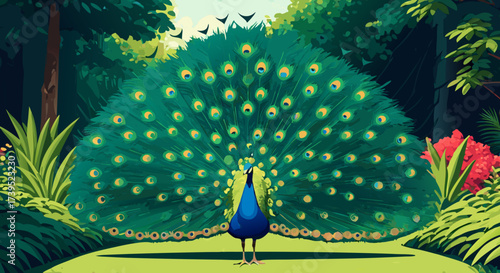Vibrant Peacock Displaying Tail Feathers in Colorful Artistic Illustration.