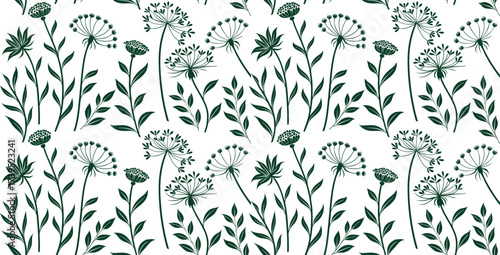 Seamless botanical pattern with hand-drawn wildflowers and leafy plants in green on white background. Elegant floral wallpaper design perfect for fabric, wrapping, and decor. High resolution vector st