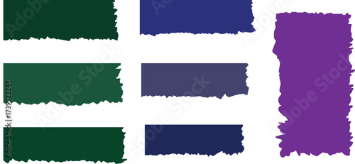  torn paper strips with rough ripped edges in green, blue, and purple shades isolated on white. Vibrant paper texture set for collage, and craft projects. High resolution ripped p