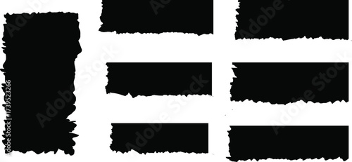 Torn black paper strips set with rough ripped edges isolated on white background. Grunge paper texture elements for design, collage,  and creative projects. High resolution ripped paper c