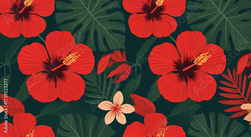 Vibrant Red Hibiscus Flowers and Tropical Foliage Pattern Design.
