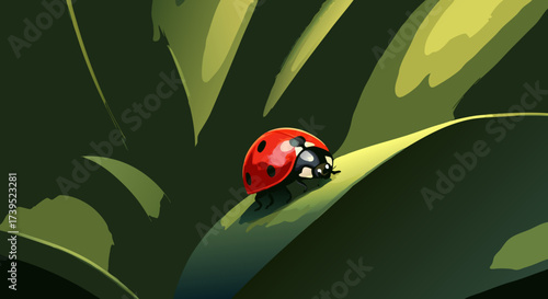 Vibrant Red Ladybug with Black Spots Resting on Green Leaf.