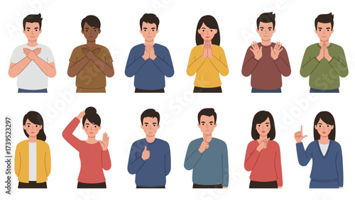 Diverse People Showing Various Hand Gestures And Emotions In Modern Illustration