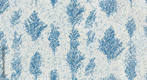 Watercolor Blue Floral Pattern with Scattered Dots on White Background.