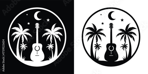 Tropical night scene featuring an acoustic guitar silhouette amidst palm trees under a moonlit sky, presented in a dual black and white composition