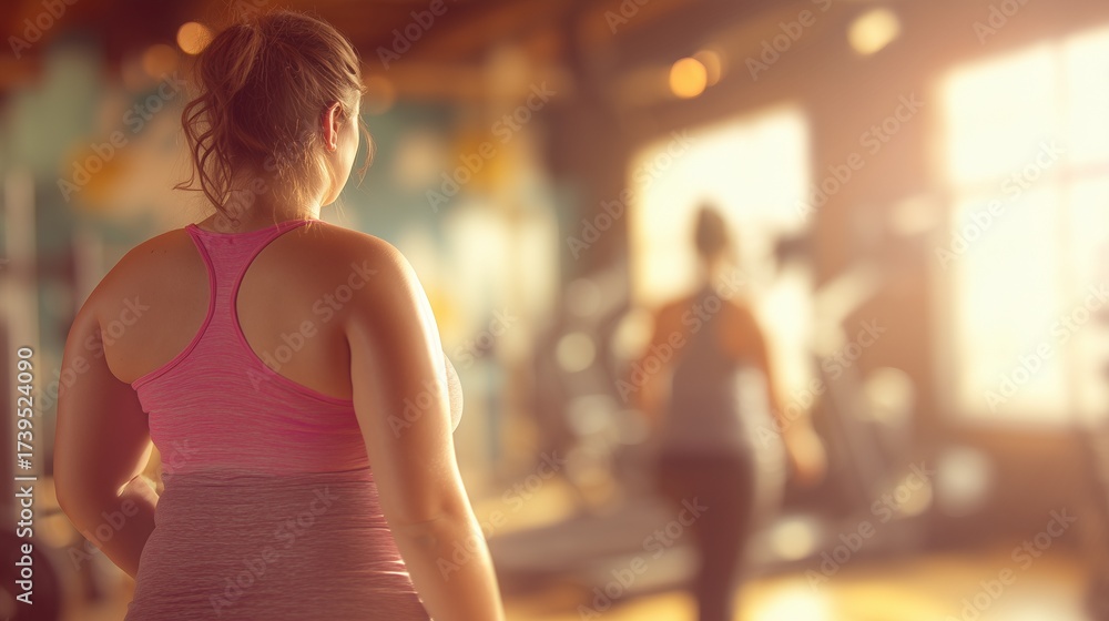 Fototapeta premium A woman stands in a gym where another woman walks towards gym equipment. The women are wearing gym outfits in the bright gym environment with sunlit gym windows.