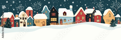 Wide horizontal panoramic banner with simple Christmas village houses