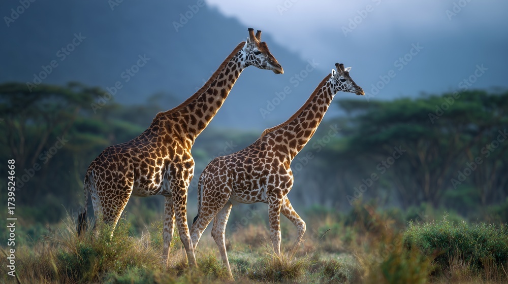 Obraz premium Two giraffes walk calmly through the savanna, their giraffe necks stretching toward the sky. The giraffes are surrounded by savanna vegetation and distant hills.