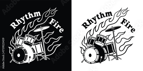A black and white graphic illustration of a drum set engulfed in flames, labeled rhythm fire, presented in both black on white and white on black versions