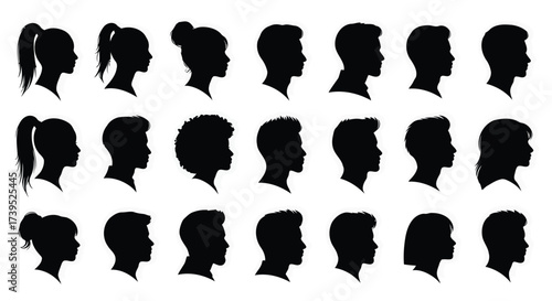 Vector illustration of collection of diverse human head silhouettes in profile view