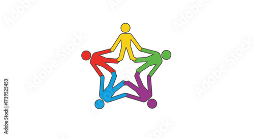 Symbolizing collaboration and teamwork with interconnected diverse figures forming a star shape