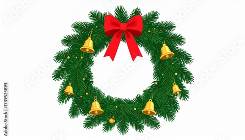 Flat design Christmas wreath with pine branches, red ribbon and golden bells on white background