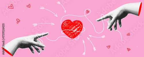 Human hands holding thread withred heart between. Trendy collage banner with doodle elements. The relationship concept. Modern art with halftone effects. Vector pop art illustration.