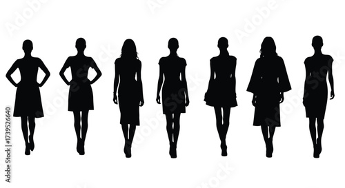 Vector illustration of group of seven female fashion silhouette figures in dresses, , showcasing different styles