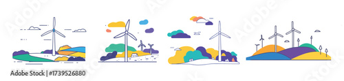 Wind turbine farm renewable energy illustration with eco landscape producing clean sustainable electricity