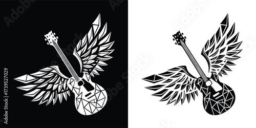 Electric guitar with majestic wings, symbolizing freedom, rock and roll spirit, and the transcendent power of music, presented in versatile black and white