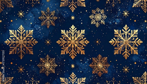 Golden Christmas Snowflake Pattern on Dark Blue Background, Luxury Festive Seamless Design