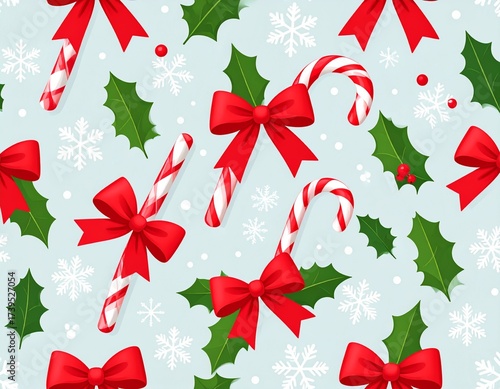Seamless Christmas Pattern with Candy Canes, Snowflakes, Red Bows, and Holly Leaves, Vector Style, Minimal Clean Background