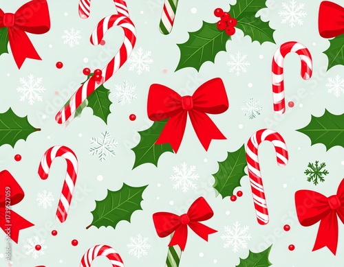 Seamless Christmas Pattern with Candy Canes, Snowflakes, Red Bows, and Holly Leaves, Vector Style, Minimal Clean Background