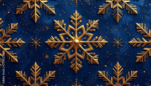 Golden Christmas Snowflake Pattern on Dark Blue Background, Luxury Festive Seamless Design