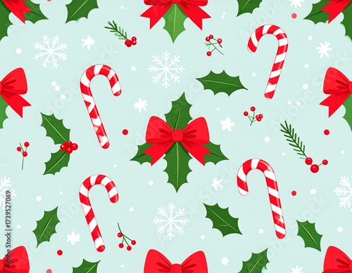 Seamless Christmas Pattern with Candy Canes, Snowflakes, Red Bows, and Holly Leaves, Vector Style, Minimal Clean Background