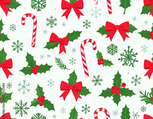 Seamless Christmas Pattern with Candy Canes, Snowflakes, Red Bows, and Holly Leaves, Vector Style, Minimal Clean Background