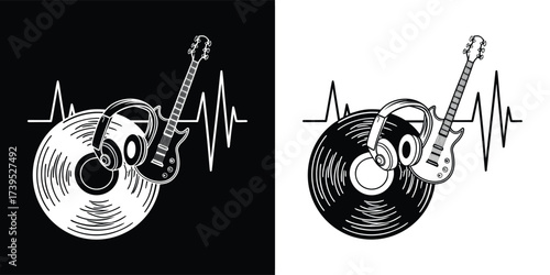 An electric guitar and headphones rest on a vinyl record, with a heartbeat ekg line in the background, shown in black and white