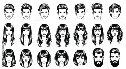 Vector illustration of collection of diverse hairstyles for men and women