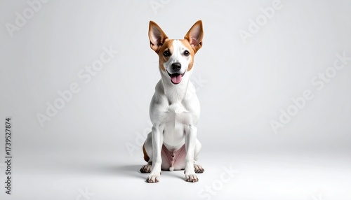 Smiling Dog with White and Brown Fur Sits Upright in a Studio Setting with Soft Lighting and a Plain White Background